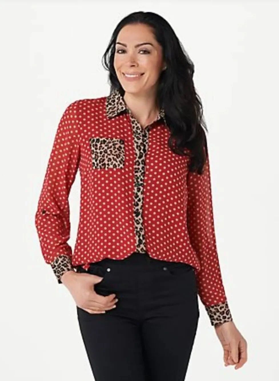 Belle by Kim Gravel QVC Dot Print Blouse Leopard Cheetah Trim Roll Tab 3XL